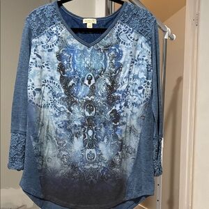 ✅ONE WORLD Blue Patterned Long Sleeve Top